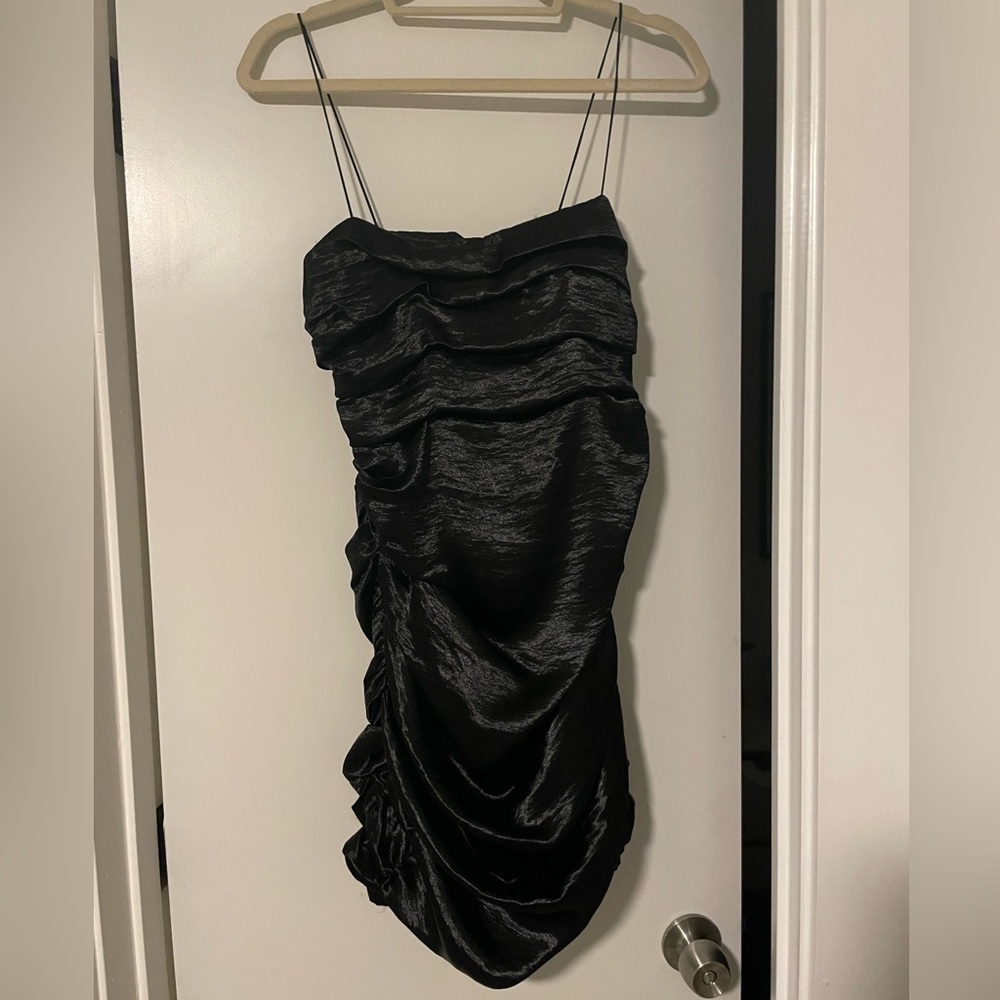 Skylar + Madison Black Satin Ruched Mini Dress